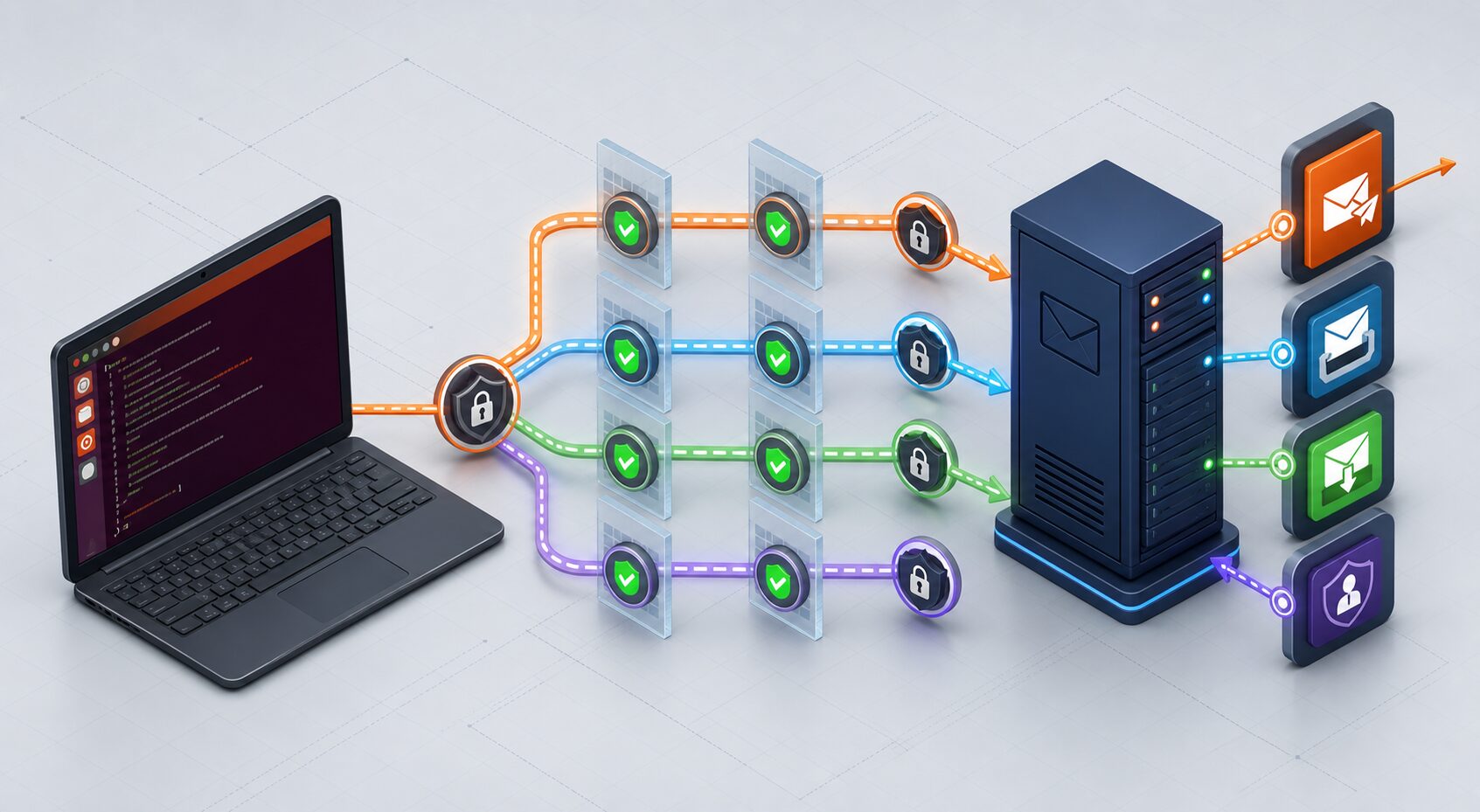 Diagram showing an Ubuntu terminal testing secure SMTP, IMAP and POP3 connections to a mail server