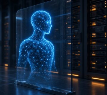 Glowing AI agent figure behind a glass shield in a server room, a symbol of AI agent safety
