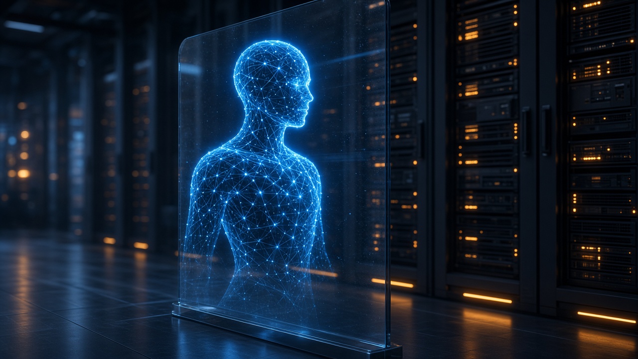 Glowing AI agent figure behind a glass shield in a server room, a symbol of AI agent safety