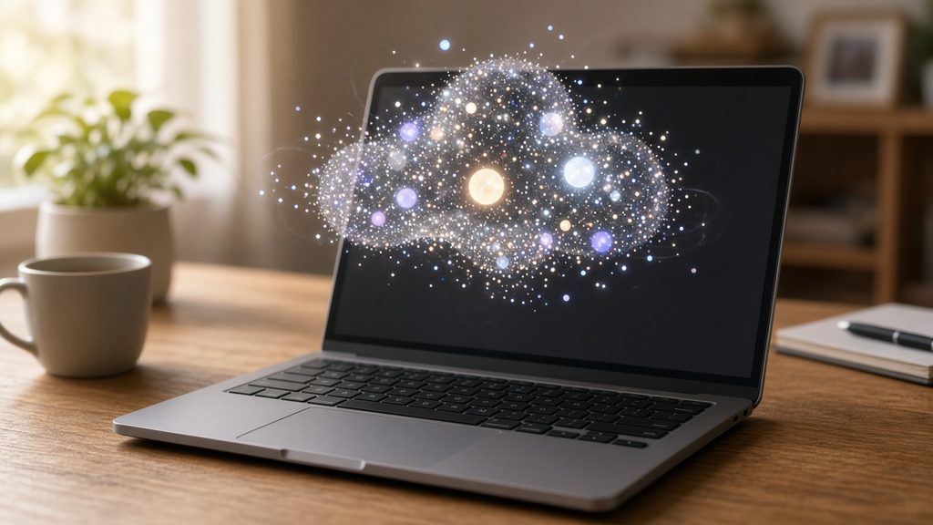 Laptop with a floating cloud of glowing dots representing a personal AI assistant