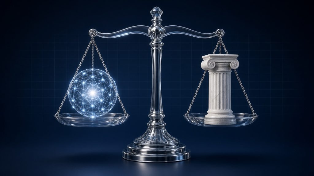 Glass scale balancing a neural network sphere and a marble column, representing AI agent safety and policy